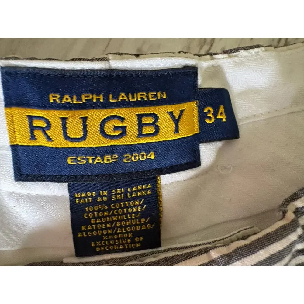Ralph Lauren Rugby Y2K Skull‑Embroidered Grey Seersucker Shorts 9” — Men’s Sz 34